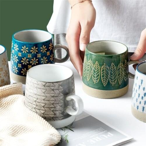 Japanese Pastoral Ceramic Coffee Mug Household Breakfast Milk Oatmeal Cup Creative Retro Embossed Office Tea Cup Drinkware