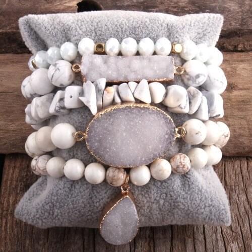 MD Fashion Bohemian Jewelry Accessory Beaded Stones Bracelet Natural Stone Druzy Charms 5pc Bracelets Sets For Women Gift
