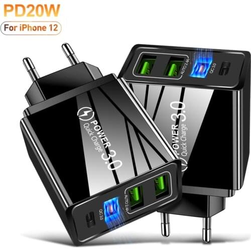 Cargador USB tipo C de carga rápida para iPhone, cargador de pared con 4 puertos QC 3,0 4,0, PD, 20W, para iPhone 12 Pro Max, US