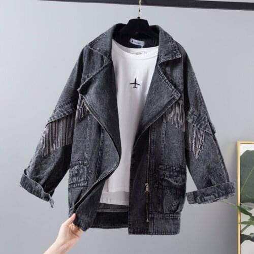 Heavy work Chain Tassel Mid-length Women Jeans Jackets Loose Oversized Turndown collar Long sleeve Harajuku Denim jacket Female