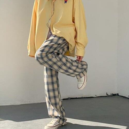 Harajuku Plaid Pants for Women Trousers 2021 Summer Korean Female Wide Leg Pants Ladies Casual Pants Plus Size Streetwear Y842