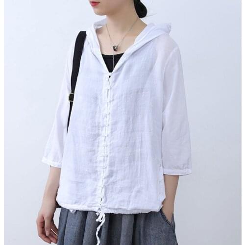 Casual Hooded Linen Jackets Coat Summer New Arts Style Women 3/4 Sleeve Thin Loose Short Jackets Coats All-Matched