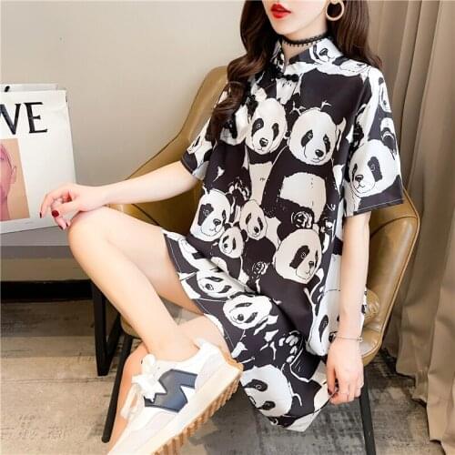 2021 Summer New Women Top Fashion Loose Large Size Short Sleeve Tops Panda Print Chinese Style Women