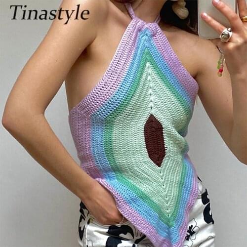 Tinastyle Y2K Halter Neck Knit Crop Top Women Bandage Summer Green Sleeveless Backless Vintage Knit Off Shoulder Sexy Tank Tops
