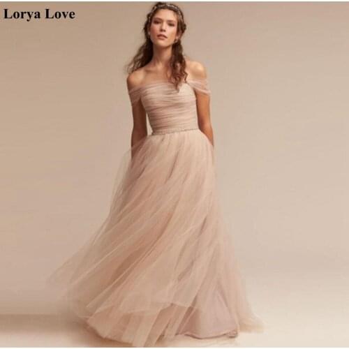 Flesh Pink Tulle Maxi Prom Dresses 2020 Elegant Women Off Shoulder Formal Party Sexy Long Vestidos Simple Summer Evening Dress