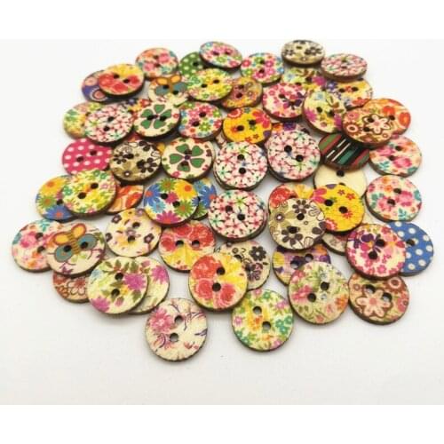 100pcs 20mm Wood Natural Mixed Floral Flower Round 2 Holes Fancy Buttons Sewing Embellishments Cardmaking Scrapbook