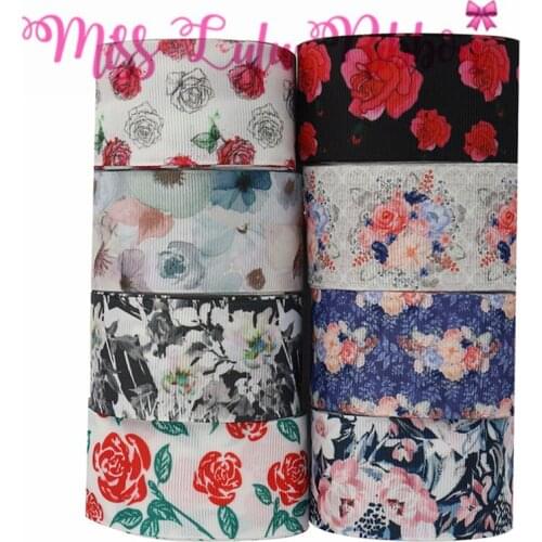 16mm-75mm Spring Flower Series Red Rose Printed Grosgrain/Foe Ribbon Retro Flora DIY Hair Bowknots 50yards/roll