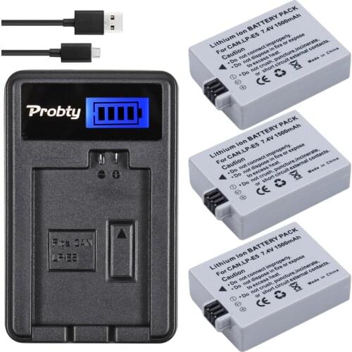 3Pcs PROBTY LP-E5 LP E5 LPE5 Battery + LCD USB Charger For Canon EOS 450D 500D 1000D Rebel XS XSi T1i KISS X2 X3 F SLR Camera