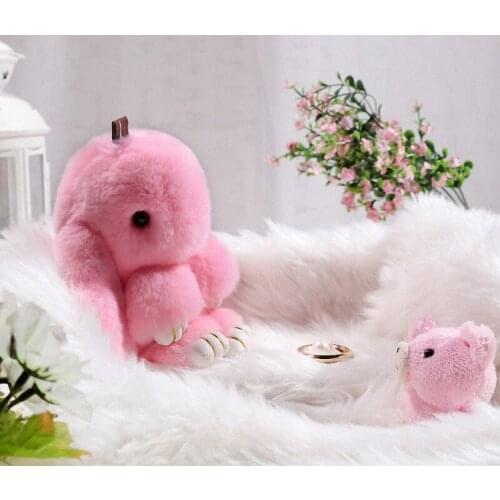18cmRex rabbit Furs Keychain Pendant Bag Car Charm Cute Mini Rabbit ToyDoll Real Fur Keychains Women Bag Keychain Fi-K015-pink