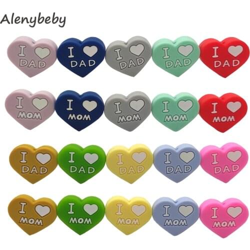 Food Grade Silicone I Love Mom And Dad Silicone Heart Teething Bead Baby Silicone Chewable Beads DIY Childrens Necklace Pendant