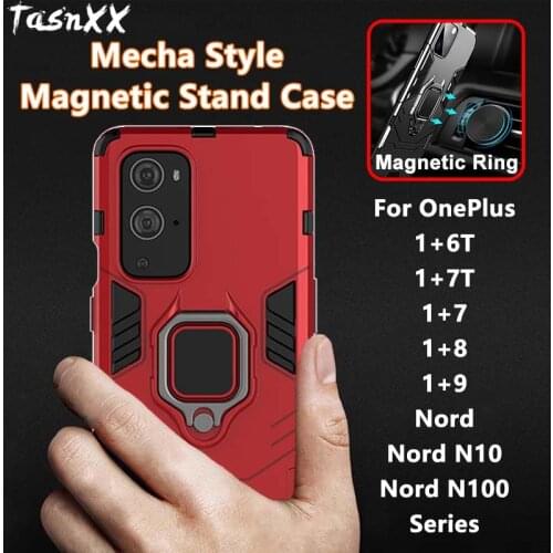 For OnePlus 9 9R 8 8T 6T 7 7T Pro Nord N10 5G N100 Full Cover Mecha Magnetic Ring Stand Case Protector Bumper Shell with Stents