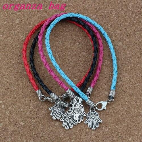 40pcs Leather Bracelet Antique Silver Hamsa Hand Zinc Alloy Charms Pendants Bracelet 4 Color B-377