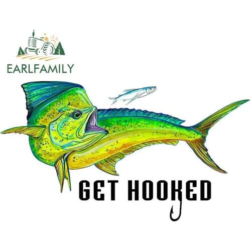 EARLFAMILY 13cm x 7.3cm Get Hooked Mahi Dolphin Vinyl Decal Car Truck Boat Decor Cartoon Car Stickers Graphics