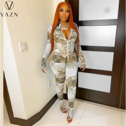 VAZN 2021 INS Fancy Joker Young Night Party Lady Sexy Zippers V-neck Colorful Print Women Slim Long Pencil Jumpsuits