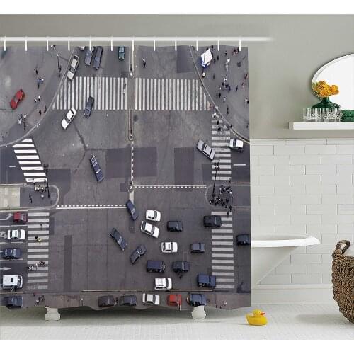 Urban Shower Curtain Road Intersection Paris France Modern City Life Cars in Traffic Crosswalk Street View Bath Curtains