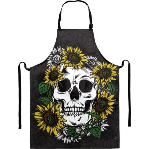 Gothic Skulls Sunflowers Pattern Polyester Kitchen Aprons Baking Adjustable Household Women Cooking Cleaning Waterproof Aprons