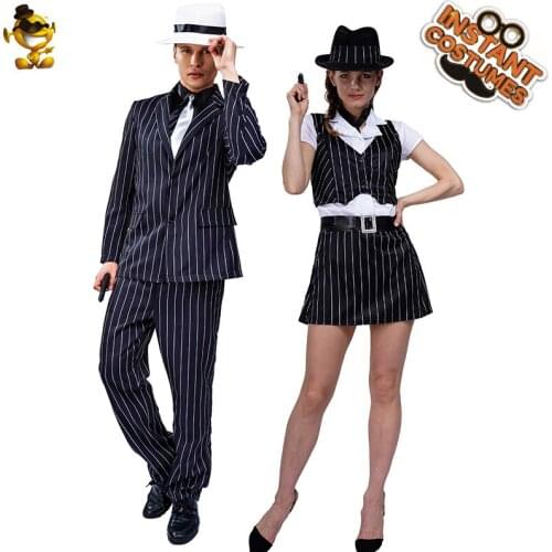 Halloween Couples Lover Gangster Costume Carnival Party Boss Suit Fancy Dress Striped Shirts Unisex Black Set with Adult Costume
