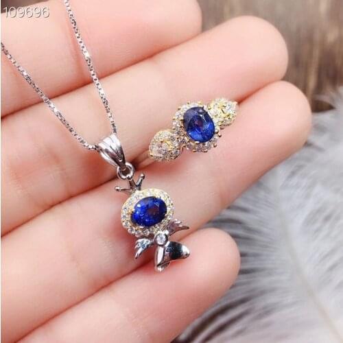 The Best Birthday Gift Sapphire Jewelry Set Natural Real Sapphire 925 Sterling Silver 1pc Pendant,1pc Ring