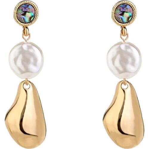 Fashionable Pearl and Metallic Golden Leaf Drop Women`s Post Earrings