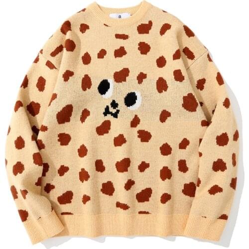 Leopard Pattern Men Sweaters Autumn Casual Round Neck Harajuku Cute Mens Pullover Fashion Streetwear Loose Sweater Cotton 2021