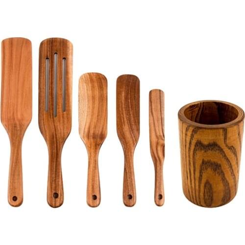 HOT-6 Pcs Wooden Spurtles Set,Natural Teak Kitchen Utensils Set, Kitchen Tools Nonstick Cooking Set for Stirring,Serving