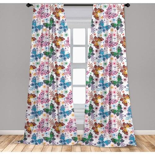 Butterfly Window Curtains Floral Arrangement with Vibrant Colored Butterflies with Design Elements Window Drapes with Rod Pocket