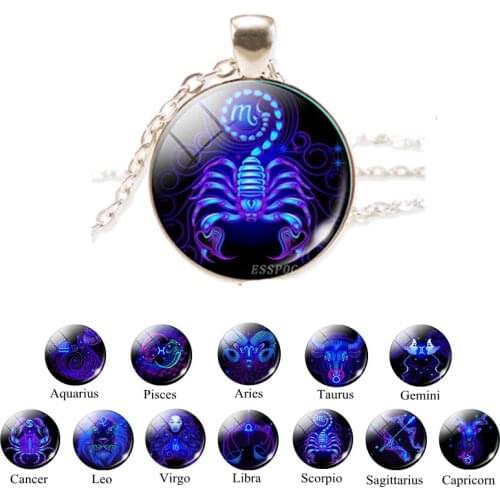 Twelve Constellation Chain Necklace Glass Alloy Zodiac Sign Pendant Necklace Charm Jewelry for Women