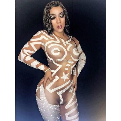 Sexy White Rhinestones Pattern Jumpsuit Long Sleeve Rompers Celebrate Outfit Stage Show Costume Female Singer Bodysuit Wear