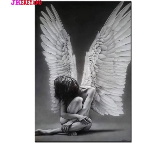 Full Square Round Diamond Embroidery DIY Diamond Painting Black and white angel Cross Stitch kit mosaic Y4620