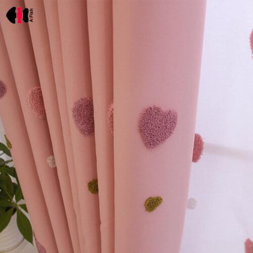 Pink Heart Embroidered Semi Blackout Curtains for Kids Girl Bedroom Nursery White Textured Sheer Voile Sliding Glass Door Panel