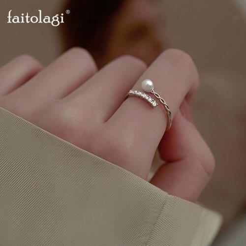 Simple Pearl Zircon Rhinestone Open Ring Mini Twist Chain Double Layer Rings Fairy Adjustable Ring Women Finger Ring Jewelry