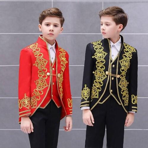 Deluxe Medieval Victorian Prince Wedding Dress Blazer Suits Child Boys Kids Stage Costume Embroidery Jacket Vest Pants Costume