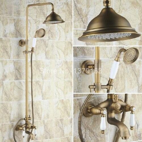 Bathroom Rain Shower Faucet Set Antique Brass Double Ceramics Lever Tub Mixer Tap + Rainfall Shower Head + Handshower ars160