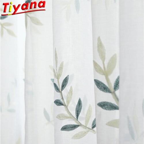 Blue/Green Leaves Embroidery Tulle Curtains for Living Room Fine Leaves Sheer Volie for Kitchen Balcony X-HM456#30