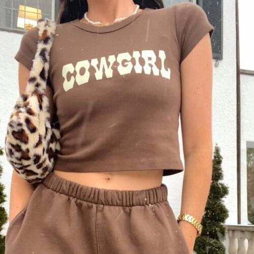 Streetwear Harajuku Cowgirl Print Crop Women Tops Summer Short Sleeve O-Neck Cotton Graphic Vintage Chic Girls Slim Y2K T-shirt