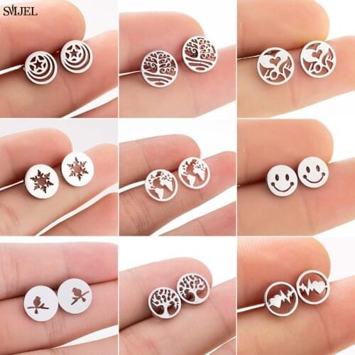 Punk Design Stainless Steel Earrings For Women Kids Black Small Smile Face Map Volleyball Heart Stud Earring Pendientes Star Ear