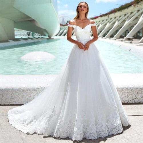 Off Shoulder A-Line Wedding Dresses 2021 Lace Appliques Bandage Back Vintage Bridal Gowns Customized Cheap Vestidos De Mariee