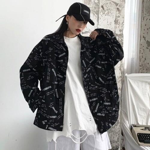 Spring Autumn Womens Denim Jacket Black Blue Letter Pattern Jackets Coat Oversize Hip hop Print Jacket Women Denim Jackets 2021
