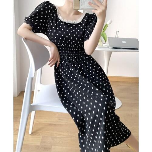 2021 New Ersion Wave Point Dress Mid Length Summer Short Sleeve Bow New Style Square Neck Elastic Waist Slim Dress