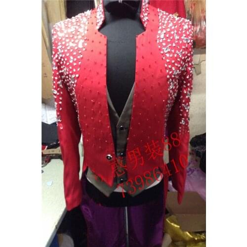100%real black/red mens rhinestone beading sewing tuxedo swallowtail magician jacket/party/stage performance/dance/sing