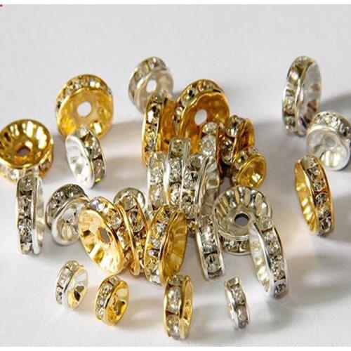 200pcs/lot Metal Rondelle Loose Spacer Beads Gold Silver Color Rhinestone Crystal Beads 6 8 10mm Diy Jewelry Making Material