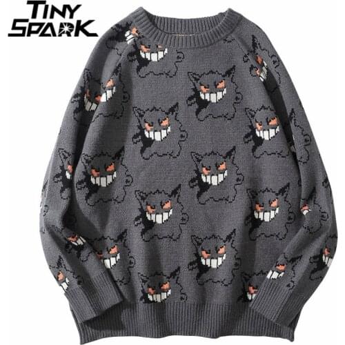2021 Men Knitted Sweater Hip Hop Streetwear Dark Style Devil Print Pullover Harajuku Cotton Loose Sweater Autumn Pullover Gray