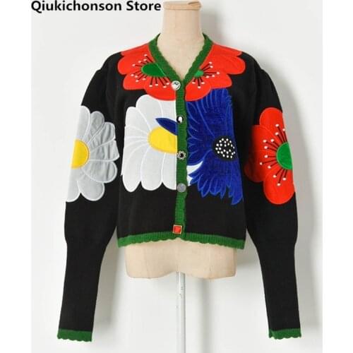 2021 Spring Autumn Fashion Knit Crop Tops Ladies Vintage Contrast Color Flower Appliqued Embroidery Black Cardigan Sweater Coat