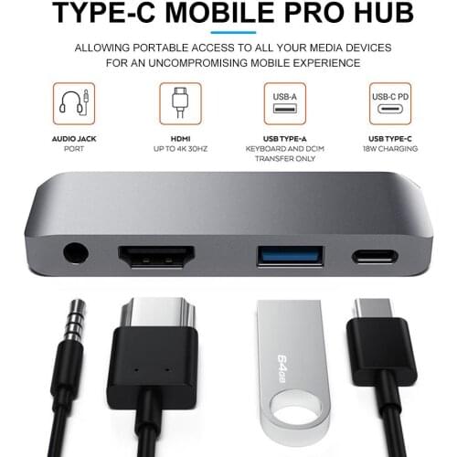 Aluminum Type-C Mobile Pro Hub Adapter with USB-C PD Charging 4K HDMI USB 3.0 Tablets Laptop Docking Station HD for iPad Pro