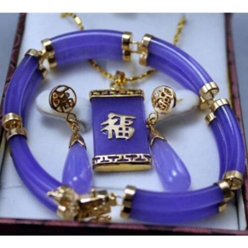 Free Shipping AAA NEW Noblest Genuine Purple Jade Pendant Earring Bracelet