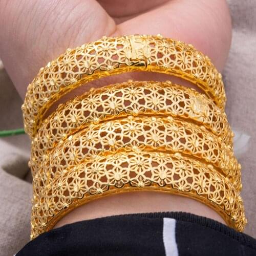4PCS Flower African Ethiopia Gold color Bangles For Women Party Ornament Luxury Bracelets Gifts for Friends Dubai Bangle Jewelry