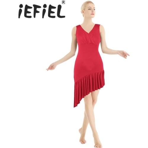 Women Adults Dance Clothes Fashion Sleeveless V-neck Ruffled Asymmetric Latin Rumba Dance Dress Stage Performance Tutu Costumes