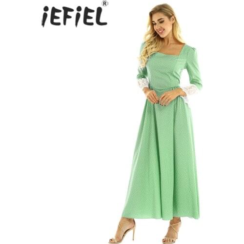 IEFiEL Women Ladies Elegant Party Dresses Pioneer Colonial Dress Prairie Costume with Flared Lace Cuff Polka Dot Long Maxi Dress
