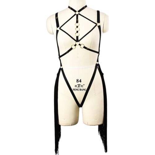 Body Harness Panties string Set Belt Lingerie Cage Bra Goth Long tassel Feather matching Grid inlay Bondage Harness Dance Rave