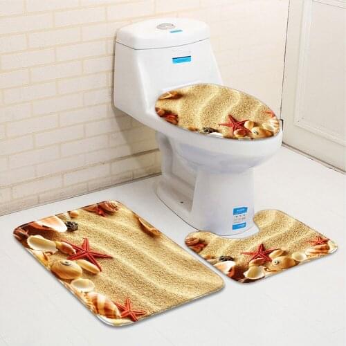 3pcs/Set Ocean Beach Landscape Bathroom Mat Conch Starfish Shell Sea Wave Scenery Flannel Bathtub Toilet Carpet Non-Slip Rug